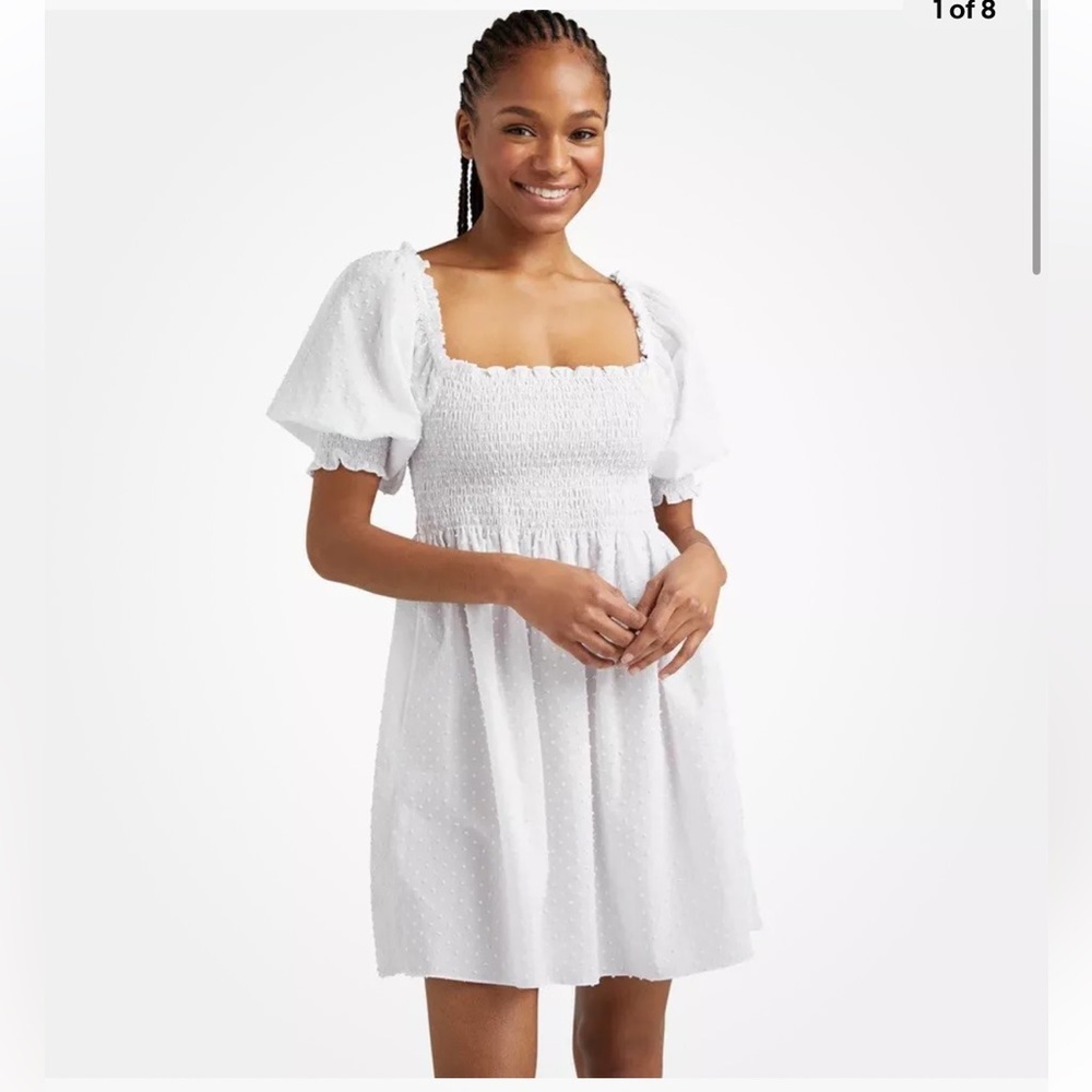 Hill House The Athena Nap Dress Tuckernuck Size XS White Swiss Dot Puff Sleeves
